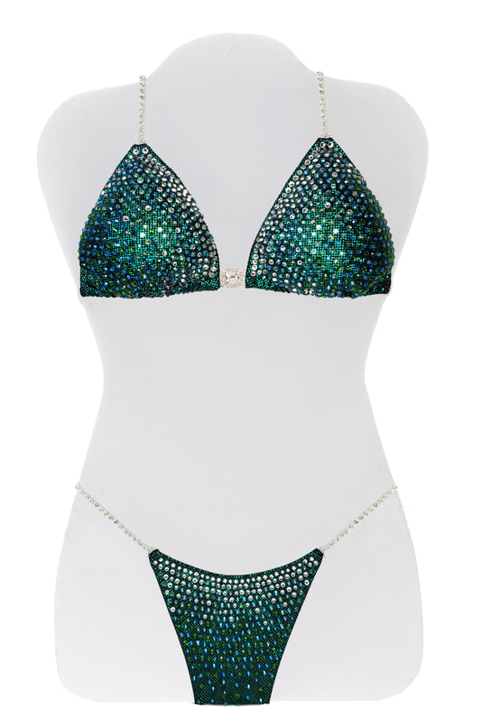 JW Couture Custom Bikini and Bikini Wellness Competition Suit. Fully rhinestoned with crystals fading from inside edge of top, dark green fabric. Handmade in Canada.