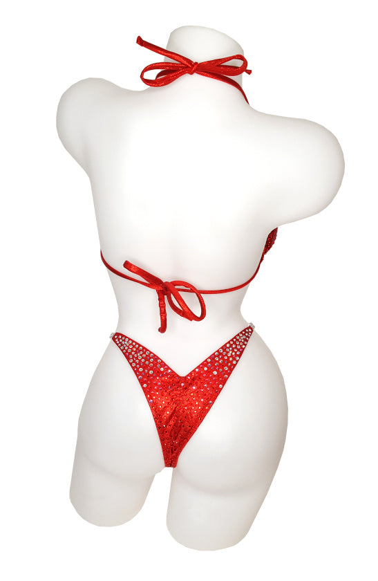 JW Couture Custom Bikini and Bikini Wellness Competition Suit. Fully rhinestoned back included, crystals fading from corners, bright red fabric.