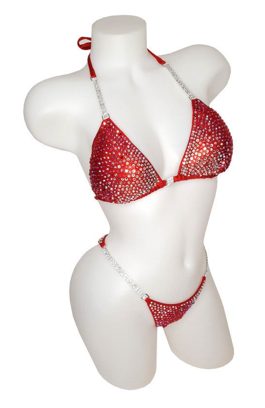 JW Couture Custom Bikini and Bikini Wellness Competition Suit. Fully rhinestoned, crystals fading from inside corner of top, bright red fabric. Handmade in Canada.