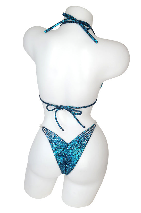 JW Couture Custom Bikini and Bikini Wellness Competition Suit. Fully rhinestoned back, with crystals fading from corners, turquoise fabric. Handmade in Canada.