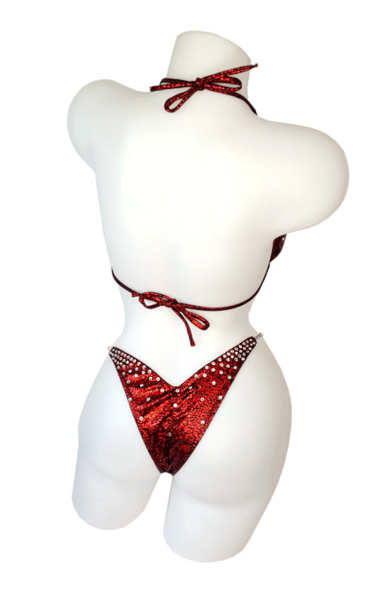 JW Couture custom bikini & bikini wellness competition suit. Decorated with crystal rhinestones that are collected along the inside edge of the top and fade outwards. Handmade in Canada.
