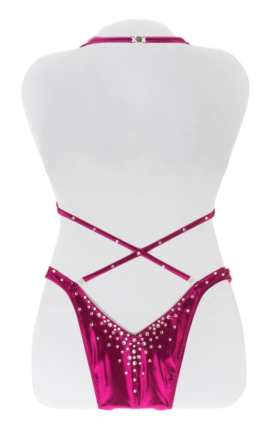 JW Couture custom Figure & Women's Physique competition suit. Crystal rhinestones fade downwards on the bottoms. Crystal clips attach the straps in the back. Fabric is a shiny fuchsia. Handmade in Canada.