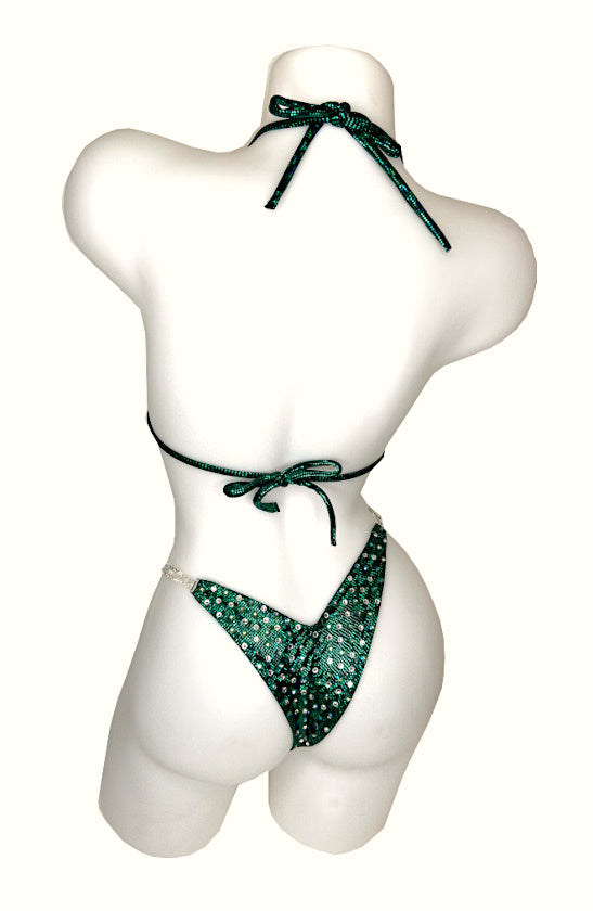 JW Couture Custom Bikini and Bikini Wellness Competition Suit. Evenly rhinestoned back, in a mix of crystal clear and colour, on dark green fabric. Handmade in Canada.