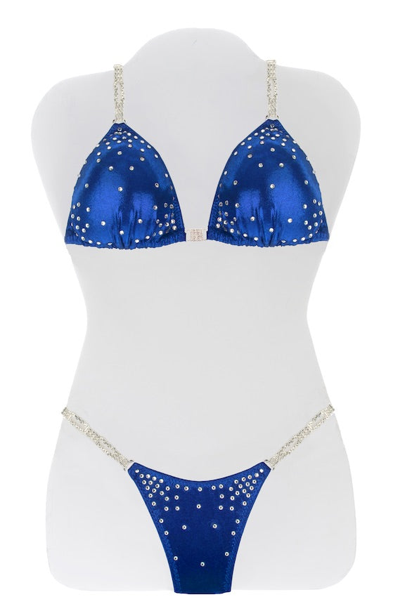 JW Couture Custom Bikini and Bikini Wellness Competition Suit. Rhinestones collected in the corners on the front, in crystal clear, on blue fabric. Handmade in Canada.