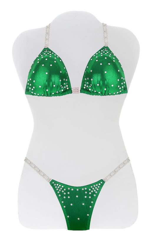 JW Couture Custom Bikini and Bikini Wellness Competition Suit. Rhinestones collected in the corners on the front, in crystal clear, on green fabric. Handmade in Canada.