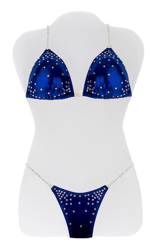 JW Couture Custom Bikini and Bikini Wellness Competition Suit. Rhinestones collected in the corners on the front, in crystal clear, on royal blue fabric. Handmade in Canada.