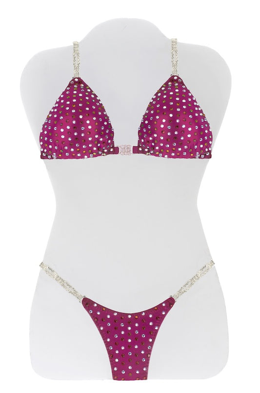 JW Couture Custom Bikini and Bikini Wellness Competition Suit. Evenly rhinestoned front, in a mix of crystal clear and colour, on fuchsia fabric. Handmade in Canada.