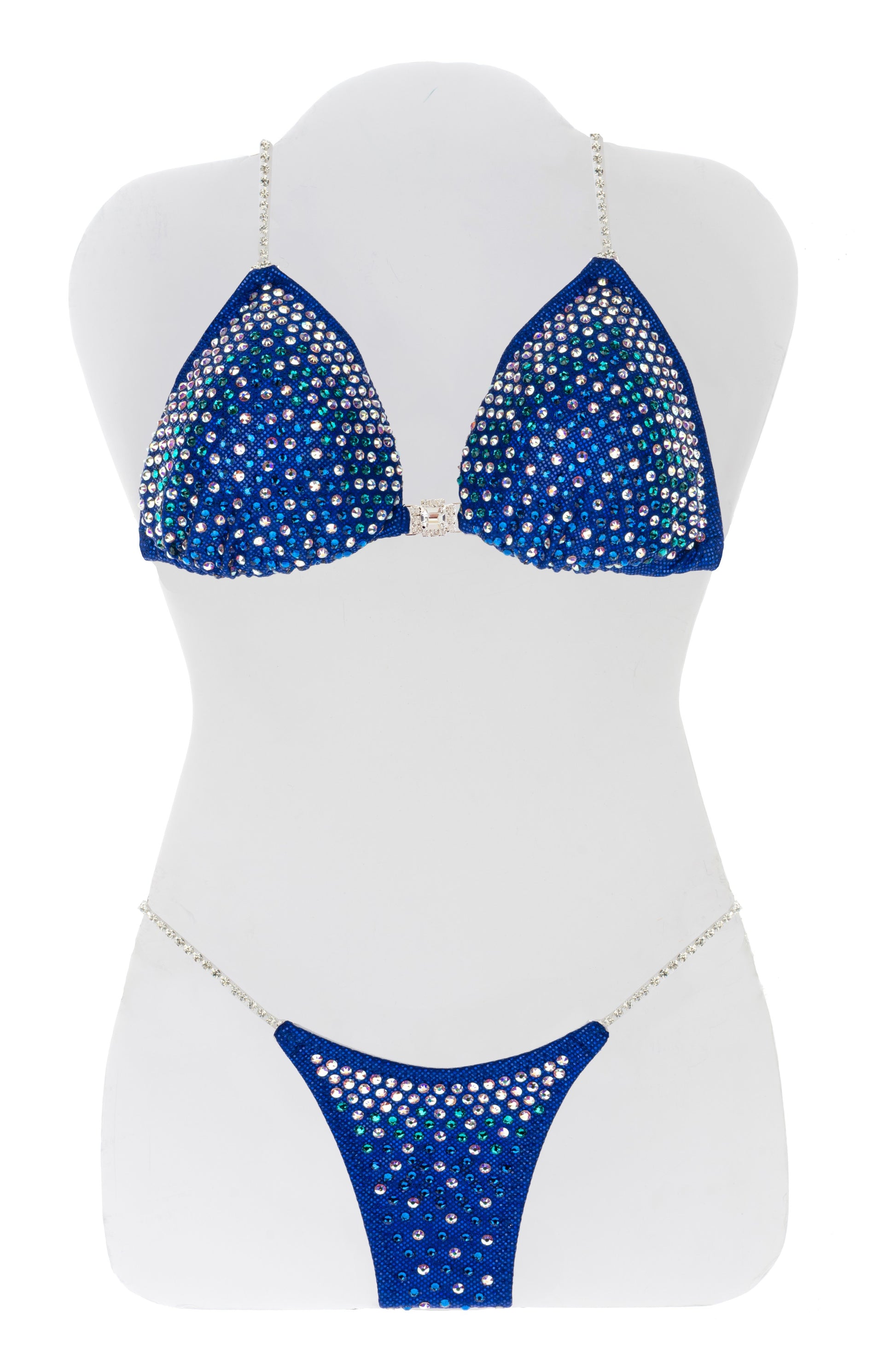 JW Couture Custom Bikini and Bikini Wellness Competition Suit. Heavily rhinestoned front, crystal clear fading from edges toward the center area, on blue fabric. Handmade in Canada.